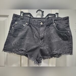 Coca Cola Aero Logo Vintage Black High Rise Shorty Frayed Hem Denim Shorts